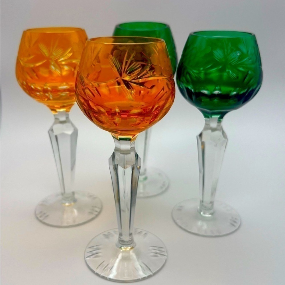 Handblown Crystal Cordial Glasses, Emerald Green and Orange